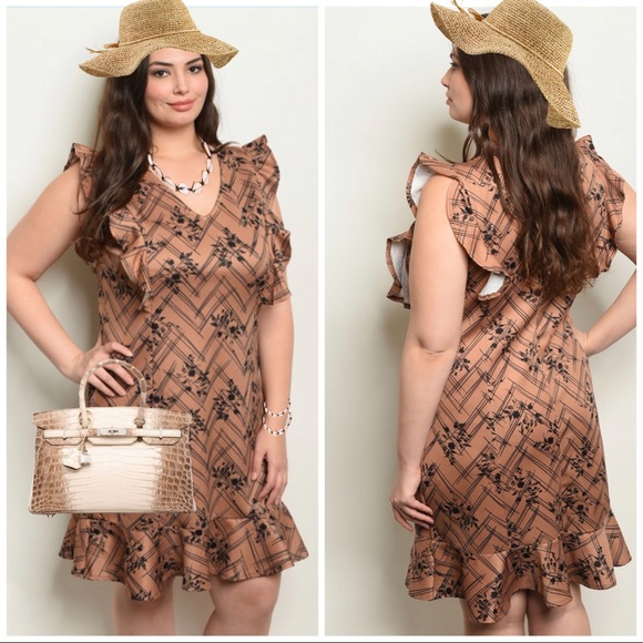 Plus Size Brown Mocha Black Puff sleeve Dress - Picture 4 of 6